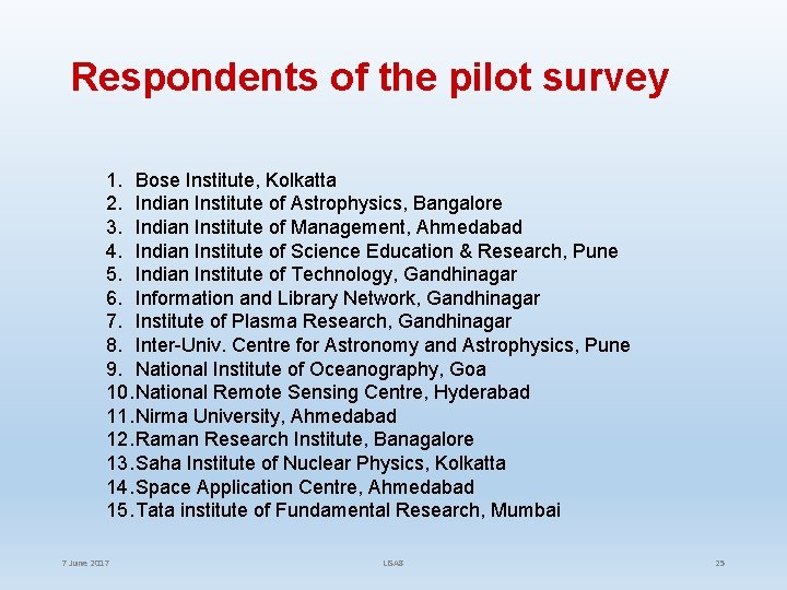 Respondents of the pilot survey 1. Bose Institute, Kolkatta 2. Indian Institute of Astrophysics,