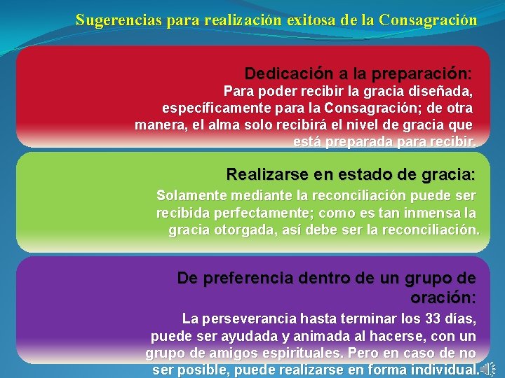 Sugerencias para realización exitosa de la Consagración Dedicación a la preparación: Para poder recibir