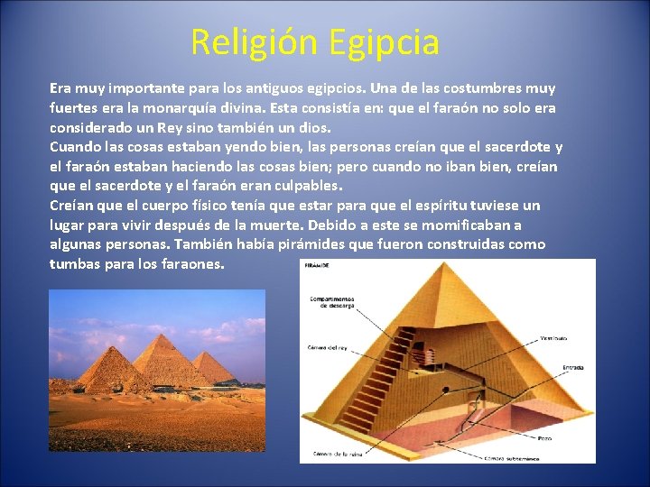 Religión Egipcia Era muy importante para los antiguos egipcios. Una de las costumbres muy