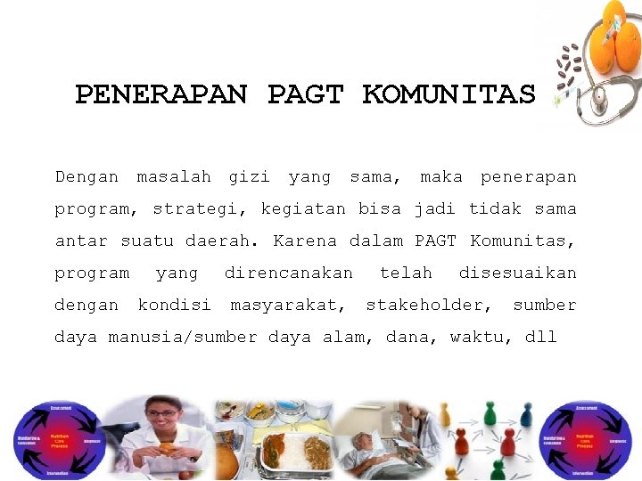 PENERAPAN PAGT KOMUNITAS Dengan masalah gizi yang sama, maka penerapan program, strategi, kegiatan bisa