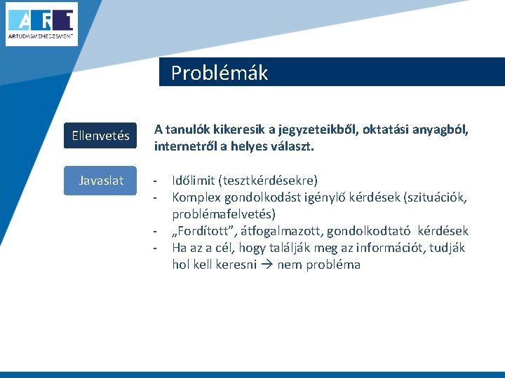 Problémák Ellenvetés Javaslat A tanulók kikeresik a jegyzeteikből, oktatási anyagból, internetről a helyes választ.