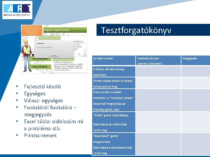 Tesztforgatókönyv Az oldal funkciói Tesztelés státusza Megjegyzés (sikeres / sikertelen) A képen látható szöveg