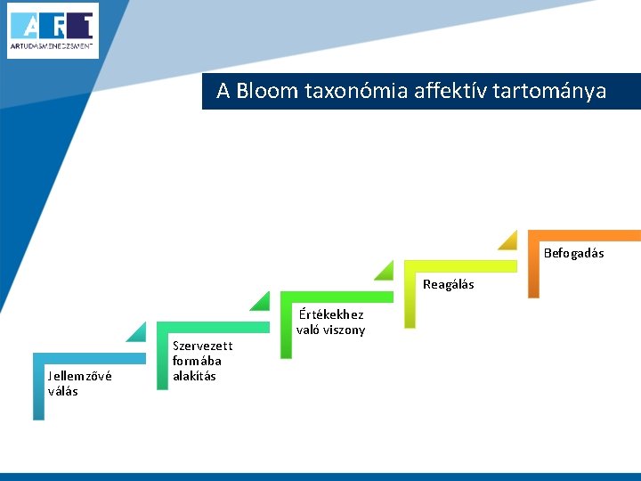 A Bloom taxonómia affektív tartománya Befogadás Reagálás Jellemzővé válás Szervezett formába alakítás Értékekhez való