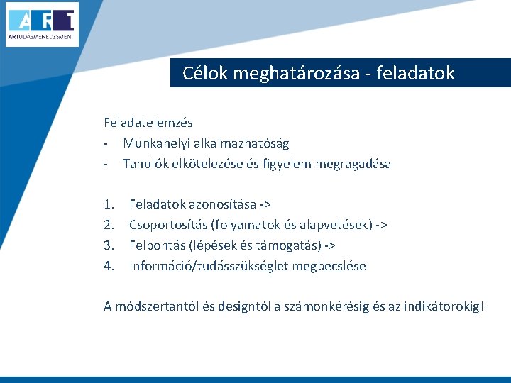 Célok meghatározása - feladatok Feladatelemzés - Munkahelyi alkalmazhatóság - Tanulók elkötelezése és figyelem megragadása