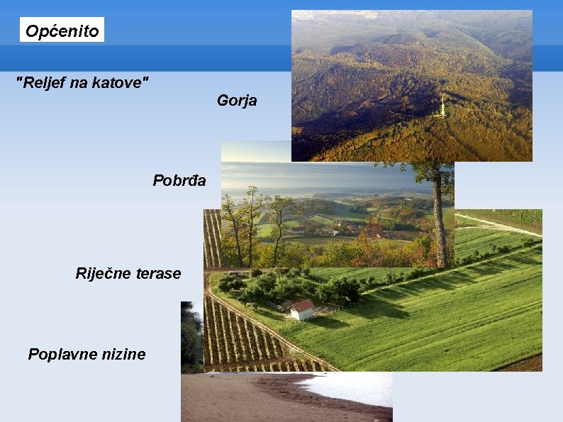 Općenito "Reljef na katove" Gorja Pobrđa Riječne terase Poplavne nizine 