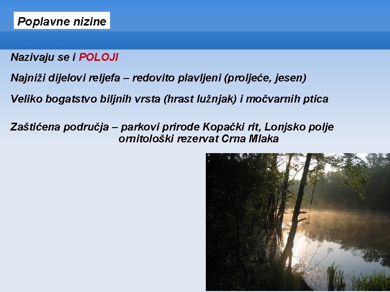 Poplavne nizine Nazivaju se i POLOJI Najniži dijelovi reljefa – redovito plavljeni (proljeće, jesen)