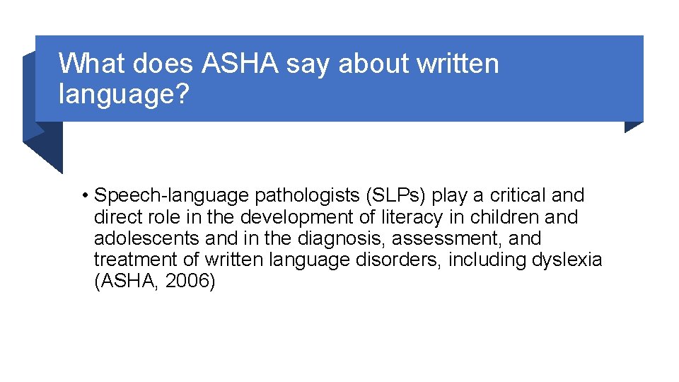 What does ASHA say about written language? • Speech-language pathologists (SLPs) play a critical