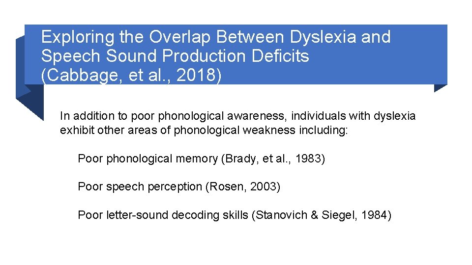 Exploring the Overlap Between Dyslexia and Speech Sound Production Deficits (Cabbage, et al. ,