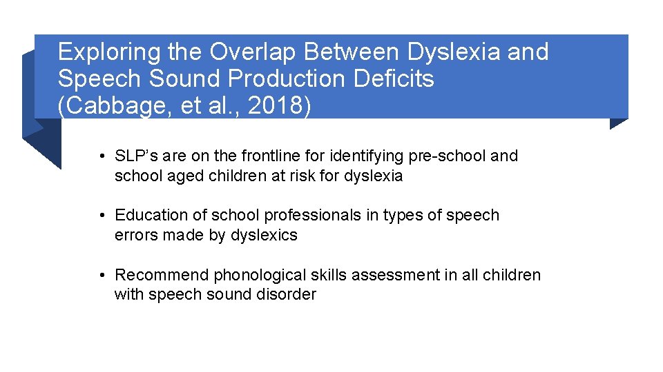 Exploring the Overlap Between Dyslexia and Speech Sound Production Deficits (Cabbage, et al. ,