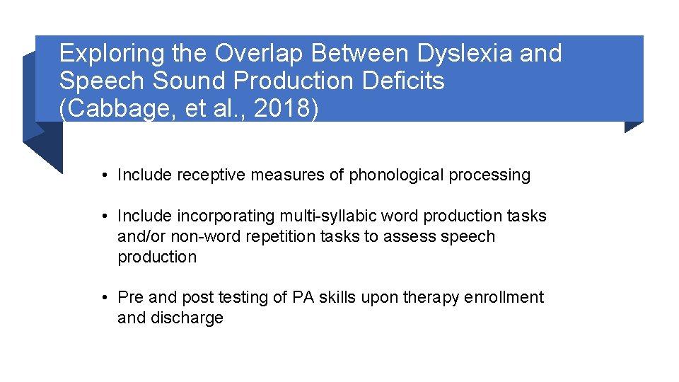 Exploring the Overlap Between Dyslexia and Speech Sound Production Deficits (Cabbage, et al. ,