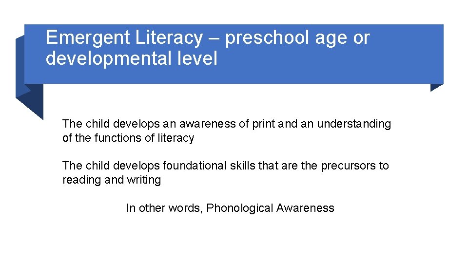 Emergent Literacy – preschool age or developmental level The child develops an awareness of