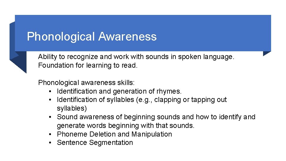 Phonological Awareness Ability to recognize and work with sounds in spoken language. Foundation for