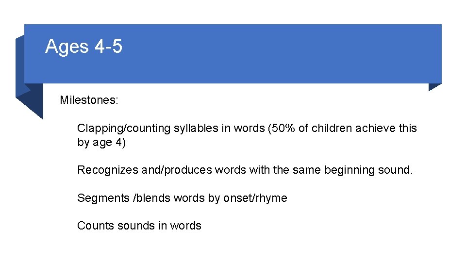 Ages 4 -5 Milestones: Clapping/counting syllables in words (50% of children achieve this by