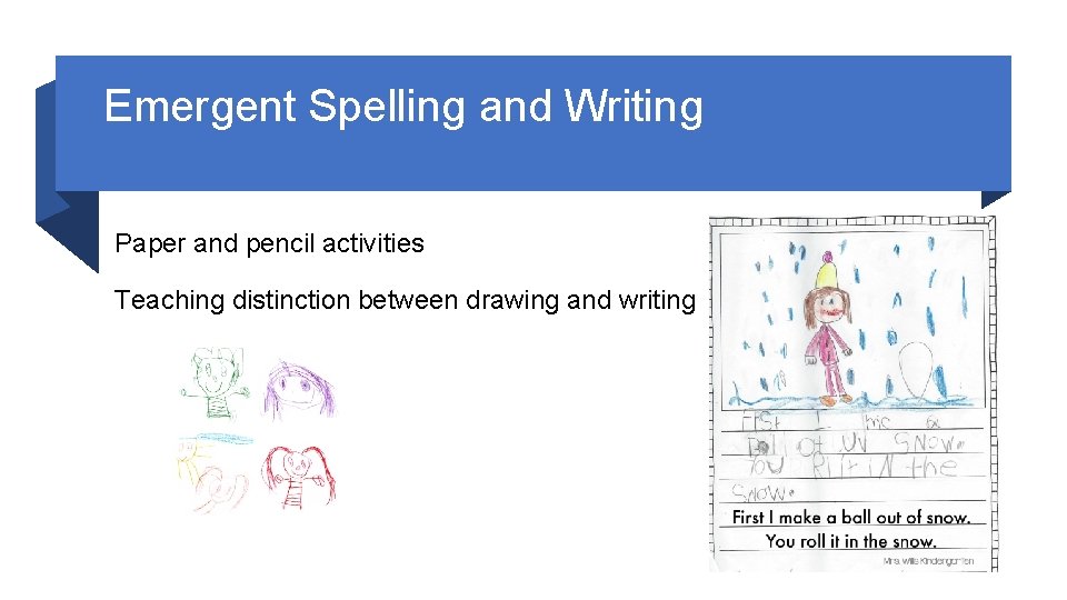 Emergent Spelling and Writing Paper and pencil activities Teaching distinction between drawing and writing