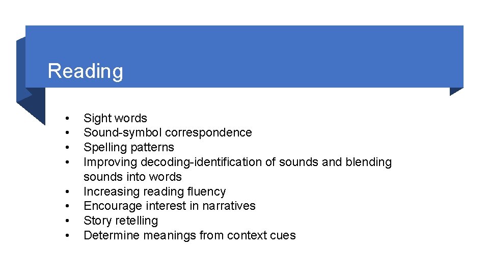 Reading • • Sight words Sound-symbol correspondence Spelling patterns Improving decoding-identification of sounds and