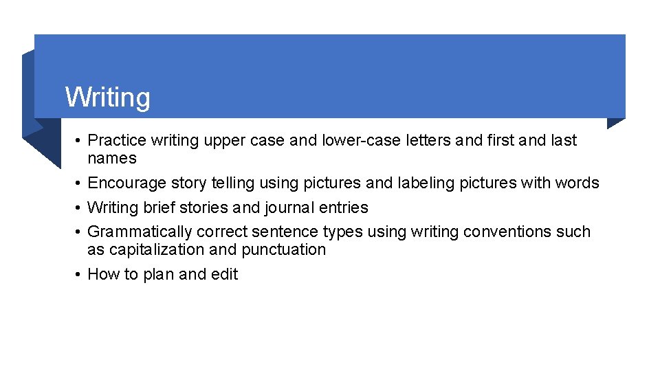 Writing • Practice writing upper case and lower-case letters and first and last names