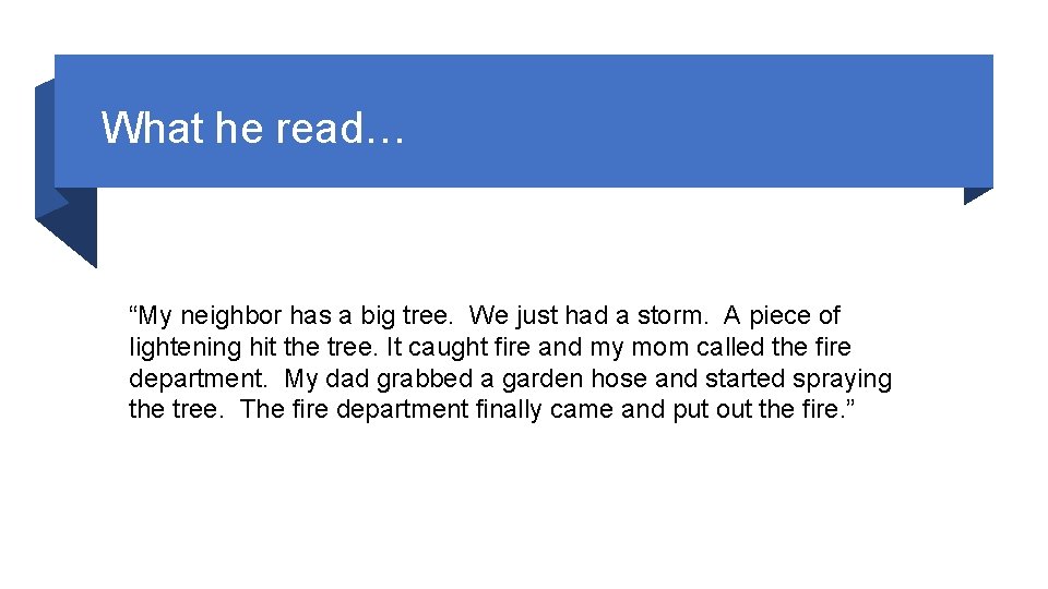 What he read… “My neighbor has a big tree. We just had a storm.