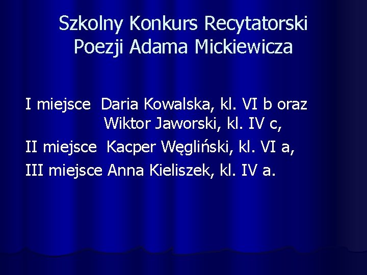 Szkolny Konkurs Recytatorski Poezji Adama Mickiewicza I miejsce Daria Kowalska, kl. VI b oraz