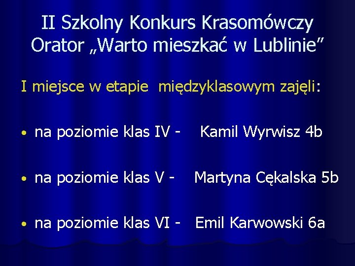 II Szkolny Konkurs Krasomówczy Orator „Warto mieszkać w Lublinie” I miejsce w etapie międzyklasowym