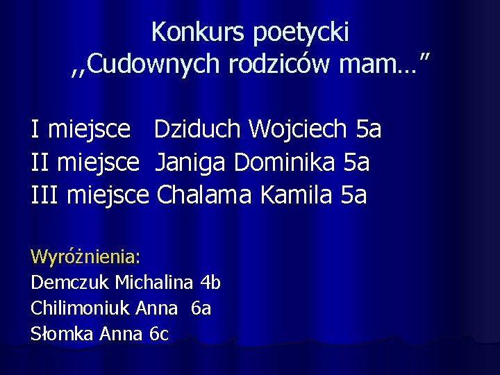 Konkurs poetycki , , Cudownych rodziców mam…” I miejsce Dziduch Wojciech 5 a II