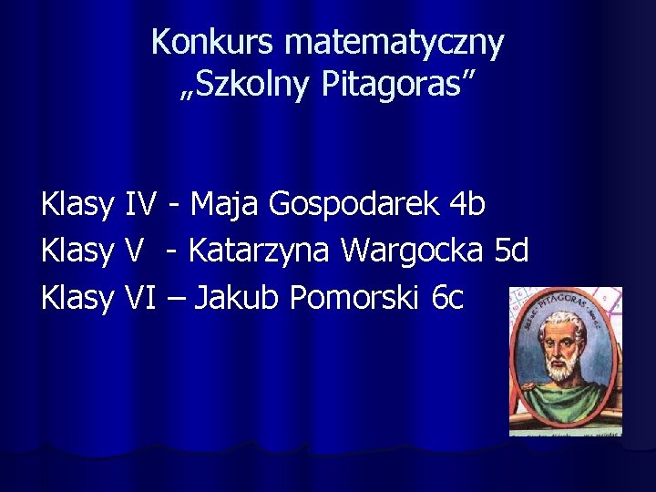 Konkurs matematyczny „Szkolny Pitagoras” Klasy IV - Maja Gospodarek 4 b Klasy V -