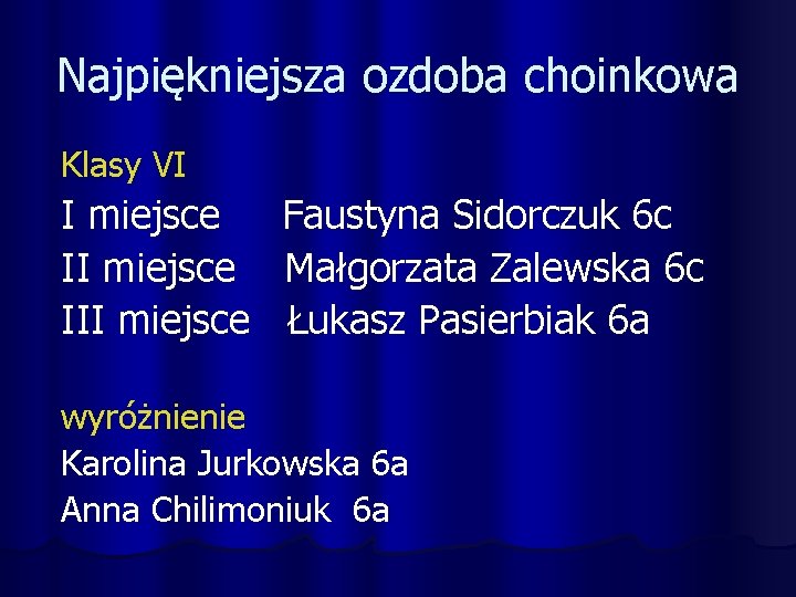 Najpiękniejsza ozdoba choinkowa Klasy VI I miejsce III miejsce Faustyna Sidorczuk 6 c Małgorzata