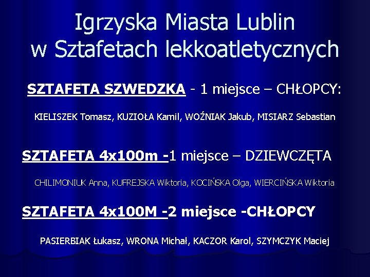 Igrzyska Miasta Lublin w Sztafetach lekkoatletycznych SZTAFETA SZWEDZKA - 1 miejsce – CHŁOPCY: KIELISZEK