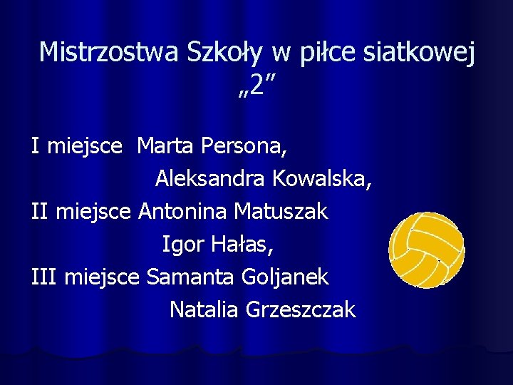 Mistrzostwa Szkoły w piłce siatkowej „ 2” I miejsce Marta Persona, Aleksandra Kowalska, II