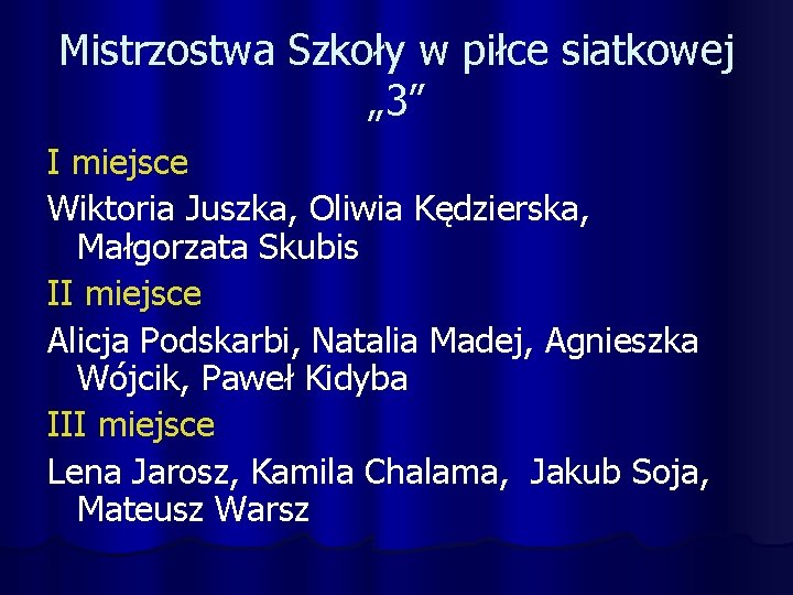 Mistrzostwa Szkoły w piłce siatkowej „ 3” I miejsce Wiktoria Juszka, Oliwia Kędzierska, Małgorzata