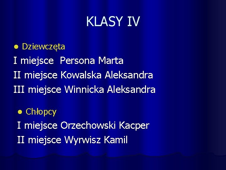KLASY IV l Dziewczęta I miejsce Persona Marta II miejsce Kowalska Aleksandra III miejsce