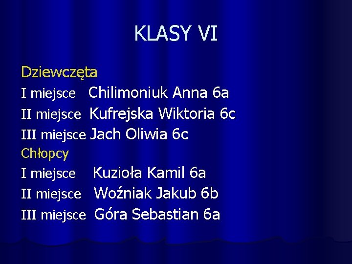 KLASY VI Dziewczęta I miejsce Chilimoniuk Anna 6 a II miejsce Kufrejska Wiktoria 6