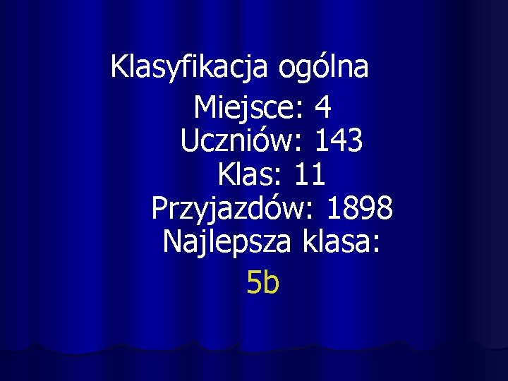Klasyfikacja ogólna Miejsce: 4 Uczniów: 143 Klas: 11 Przyjazdów: 1898 Najlepsza klasa: 5 b