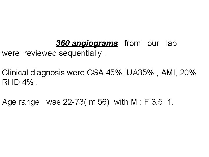 360 angiograms from our lab were reviewed sequentially. Clinical diagnosis were CSA 45%, UA