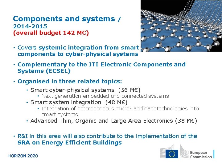 Components and systems / 2014 -2015 (overall budget 142 M€) • Covers systemic integration