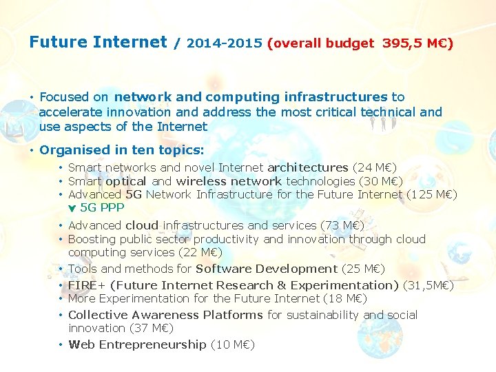 Future Internet / 2014 -2015 (overall budget 395, 5 M€) • Focused on network