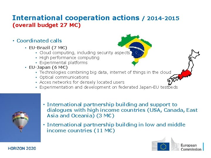 International cooperation actions / 2014 -2015 (overall budget 27 M€) • Coordinated calls •