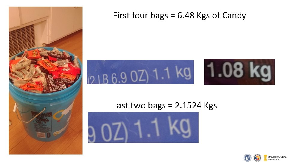 First four bags = 6. 48 Kgs of Candy Last two bags = 2. First four bags = 6. 48 Kgs of Candy Last two bags = 2.