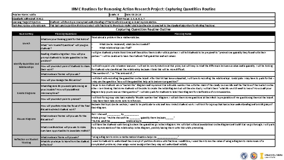 IRMC Routines for Reasoning Action Research Project: Capturing Quantities Routine Teacher Name: wallin Grade: IRMC Routines for Reasoning Action Research Project: Capturing Quantities Routine Teacher Name: wallin Grade:
