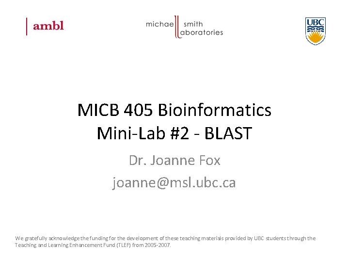 MICB 405 Bioinformatics Mini-Lab #2 - BLAST Dr. Joanne Fox joanne@msl. ubc. ca We