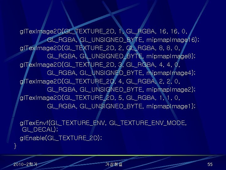 gl. Tex. Image 2 D(GL_TEXTURE_2 D, 1, GL_RGBA, 16, 0, GL_RGBA, GL_UNSIGNED_BYTE, mipmap. Image