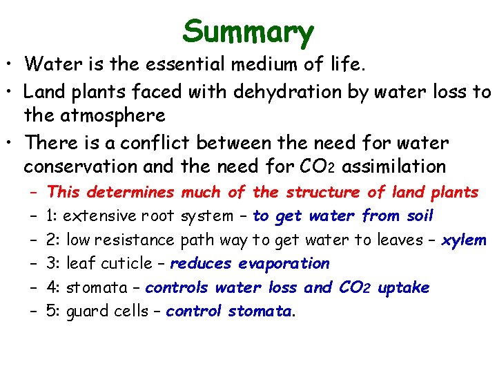 Summary • Water is the essential medium of life. • Land plants faced with