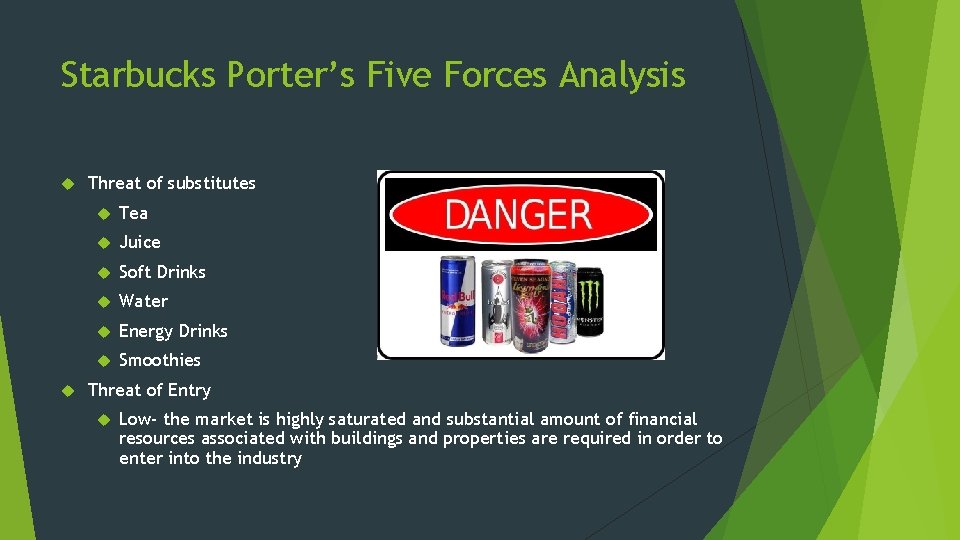 Starbucks Porter’s Five Forces Analysis Threat of substitutes Tea Juice Soft Drinks Water Energy Starbucks Porter’s Five Forces Analysis Threat of substitutes Tea Juice Soft Drinks Water Energy