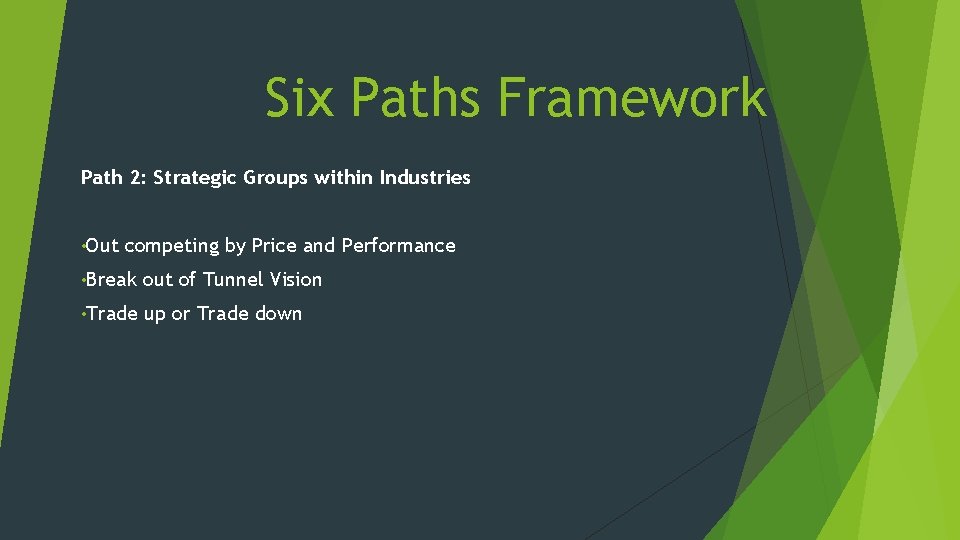 Six Paths Framework Path 2: Strategic Groups within Industries • Out competing by Price Six Paths Framework Path 2: Strategic Groups within Industries • Out competing by Price