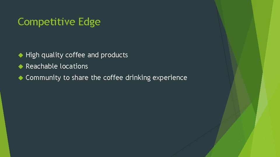Competitive Edge High quality coffee and products Reachable locations Community to share the coffee Competitive Edge High quality coffee and products Reachable locations Community to share the coffee