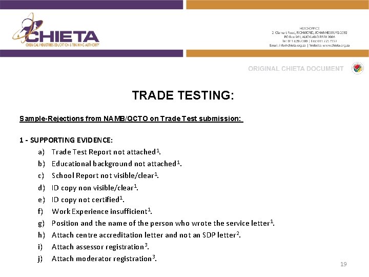 TRADE TESTING: Sample-Rejections from NAMB/QCTO on Trade Test submission: 1 - SUPPORTING EVIDENCE: a)