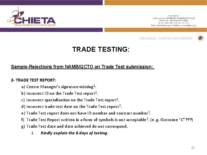 TRADE TESTING: Sample-Rejections from NAMB/QCTO on Trade Test submission: 2 - TRADE TEST REPORT: