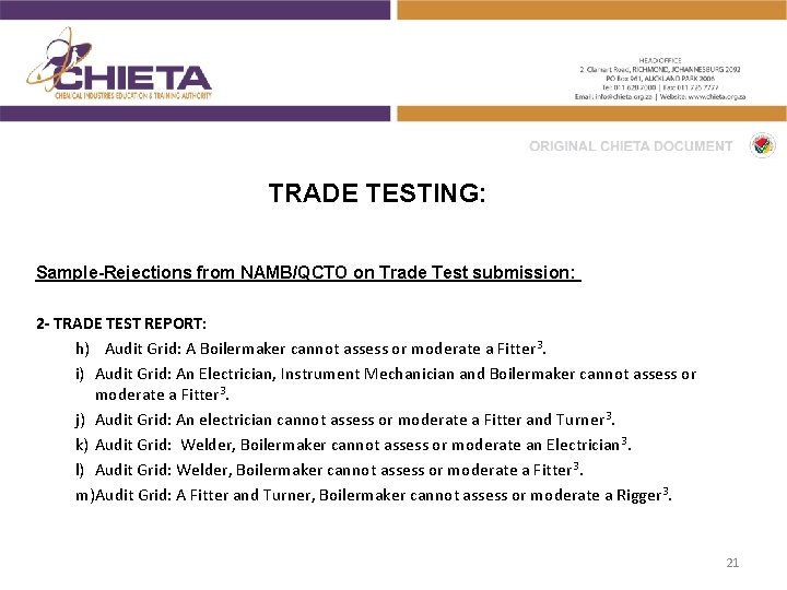 TRADE TESTING: Sample-Rejections from NAMB/QCTO on Trade Test submission: 2 - TRADE TEST REPORT:
