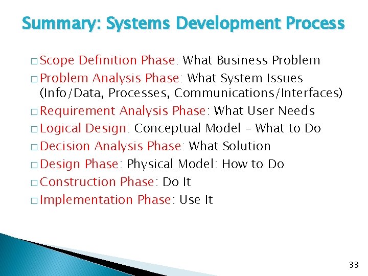 Summary: Systems Development Process � Scope Definition Phase: What Business Problem � Problem Analysis