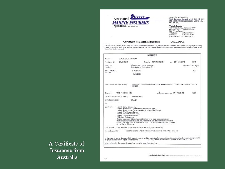A Certificate of Insurance from Australia 