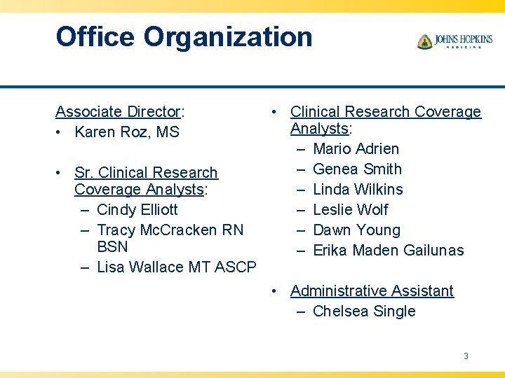 Office Organization Associate Director: • Karen Roz, MS • Sr. Clinical Research Coverage Analysts: